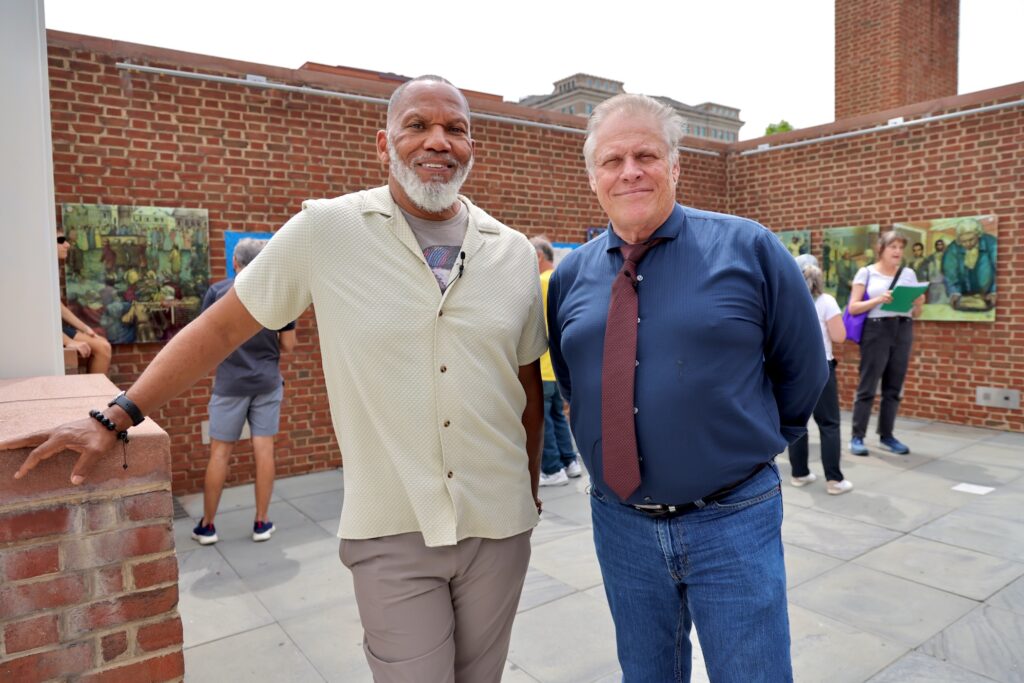2026 06 19-e lee-kevin douglass green brian evans-philadelphia presidents house independence mall-juneteenth Kevin Douglass Green and Brian Evans pose for a photo at the President's House exhibit.