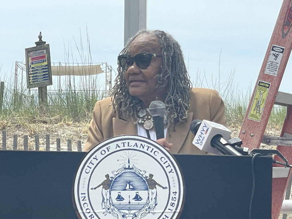 Henrietta Wallace Shelton, president of the Chicken Bone Beach Historical Foundation, gives remarks at the historical marker unveiling for the beach