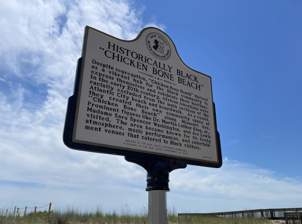 The historical marker for Chicken Bone Beach in Atlantic City, New Jersey unveiled as part of the state's Black Heritage Trail.