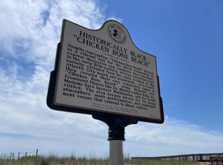 The historical marker for Chicken Bone Beach in Atlantic City, New Jersey unveiled as part of the state's Black Heritage Trail.