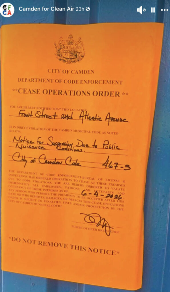 A screenshot of a photo showing the cease operations order at EMR's facility on Front Street and Atlantic Avenue