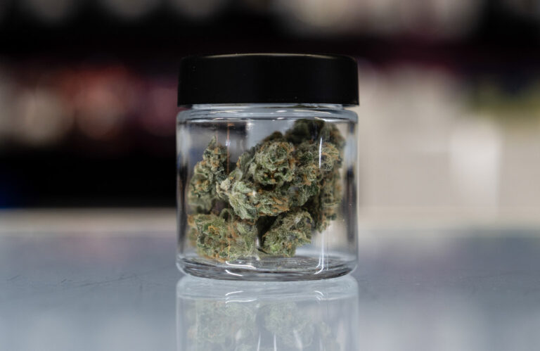 A small jar of marijuana is shown at Tropicanna Dispensary and Weed Delivery in Santa Ana, Calif., Thursday, April 23, 2026.(AP Photo/Jae C. Hong)
