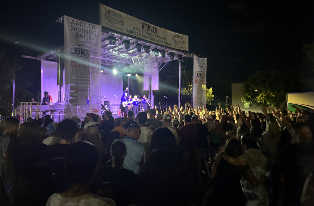 The Sensational Soul Cruisers on stage performing at the festival at night time.