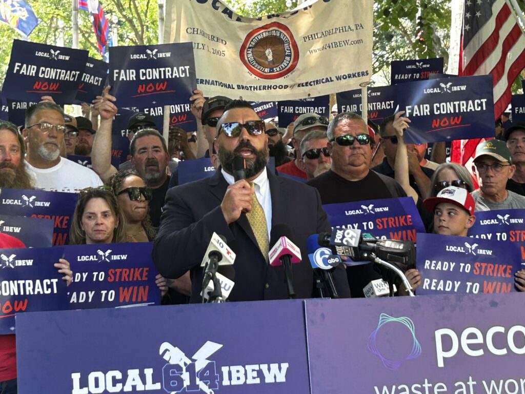 Larry Anastasi of IBEW local 614 speaks at a rally in Washington Square Park on June 25, 2025