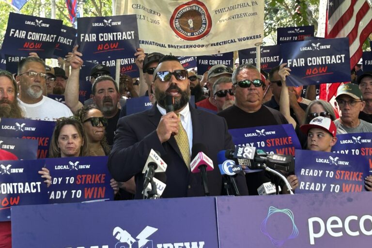 Larry Anastasi of IBEW local 614 speaks at a rally in Washington Square Park on June 25, 2025