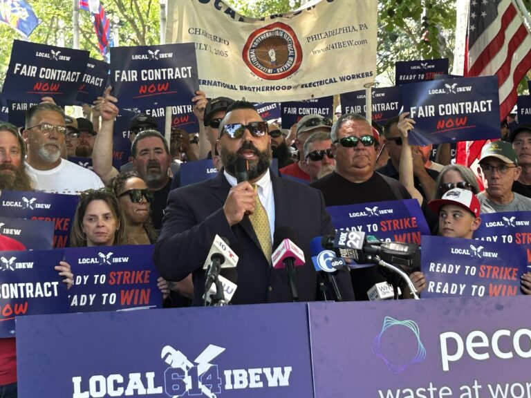 Larry Anastasi of IBEW local 614 speaks at a rally in Washington Square Park on June 25, 2025