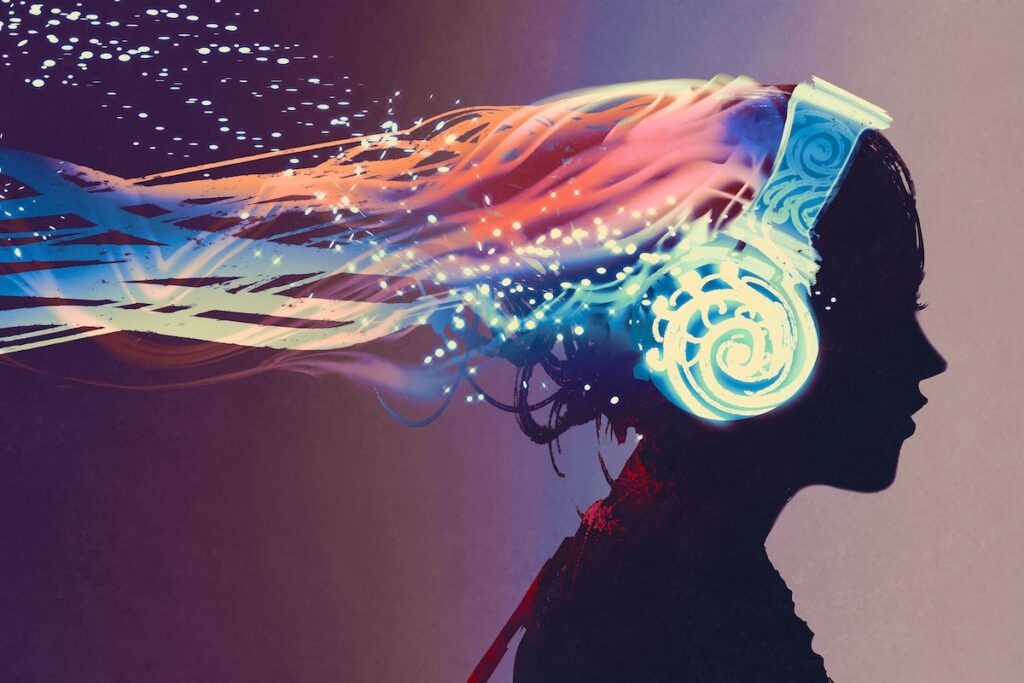 woman with magic glowing headphones on dark background, illustration painting (Grandfailure/Bigstock)
