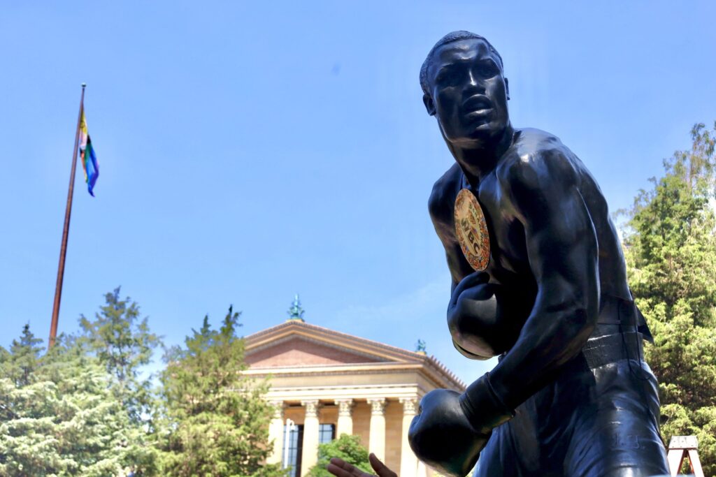 joe-frazier-bp-2026-06-29 The Joe Frazier statue in its new location, with the Art Museum seen in the background.