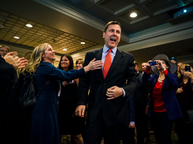 Tom Kean welcomed by. supporters during the election night partyl