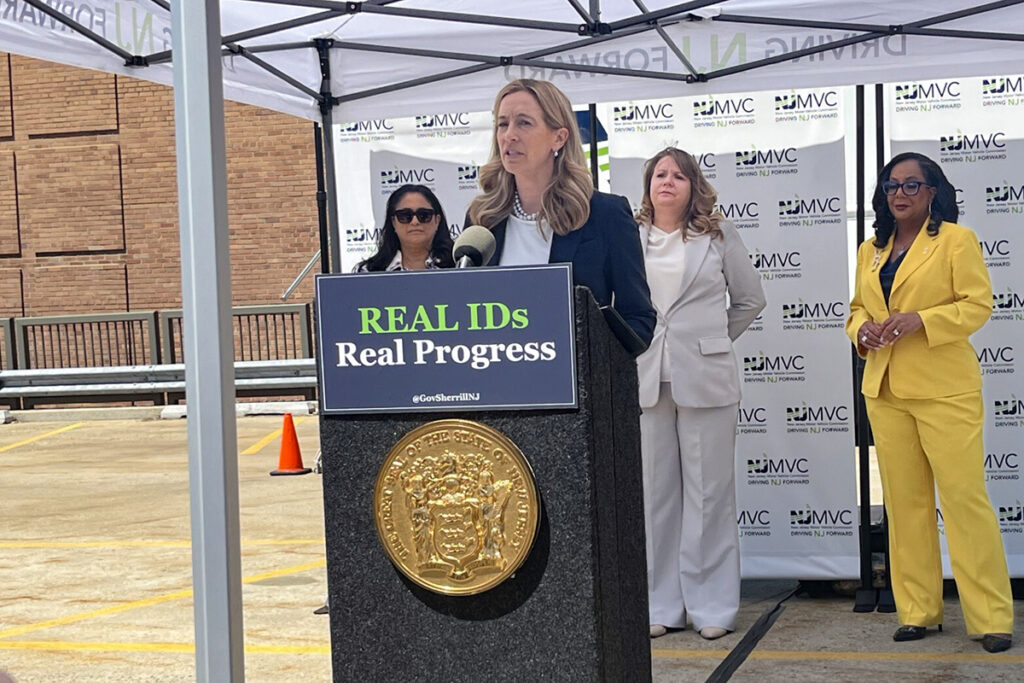 nj-real-id-matthau-2026-06-04 Mikie Sherrill speaking at a podium during a press conference