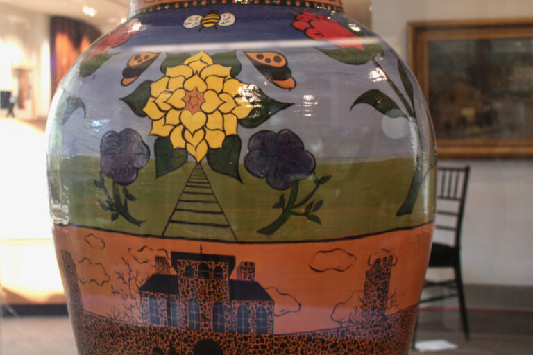 An intricately designed ceramic vase.