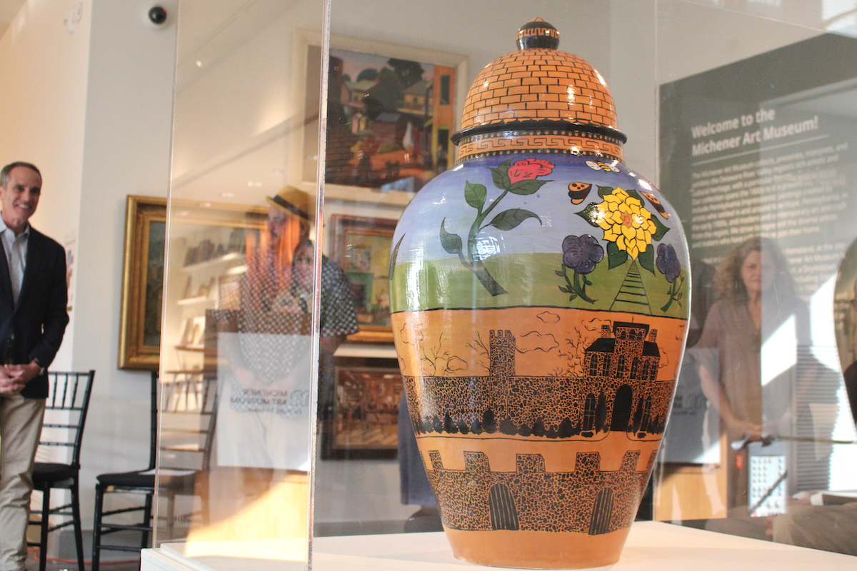 An intricately designed ceramic vase.