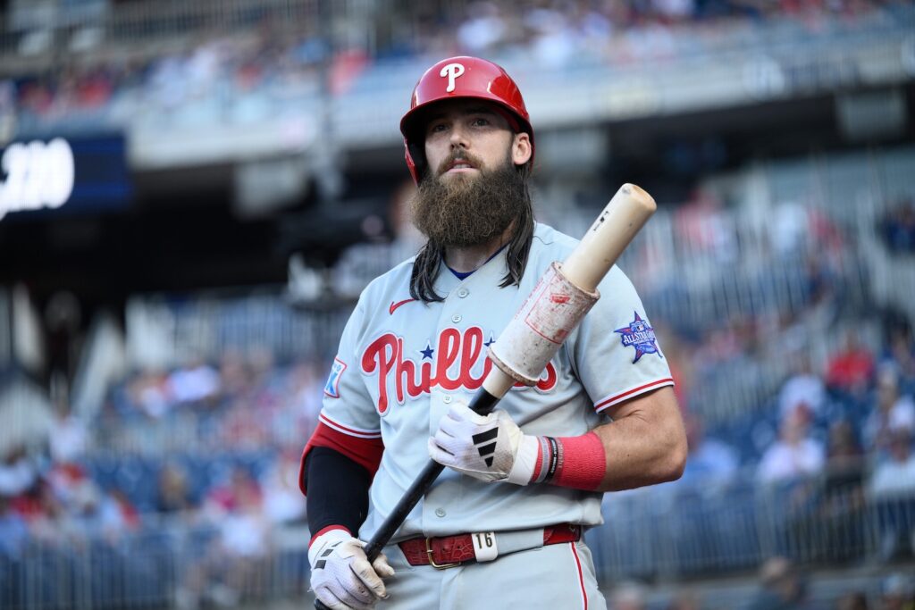 Philadelphia Phillies' Brandon Marsh looks on during a game against the Washington Nationals on June 25, 2026, in Washington.