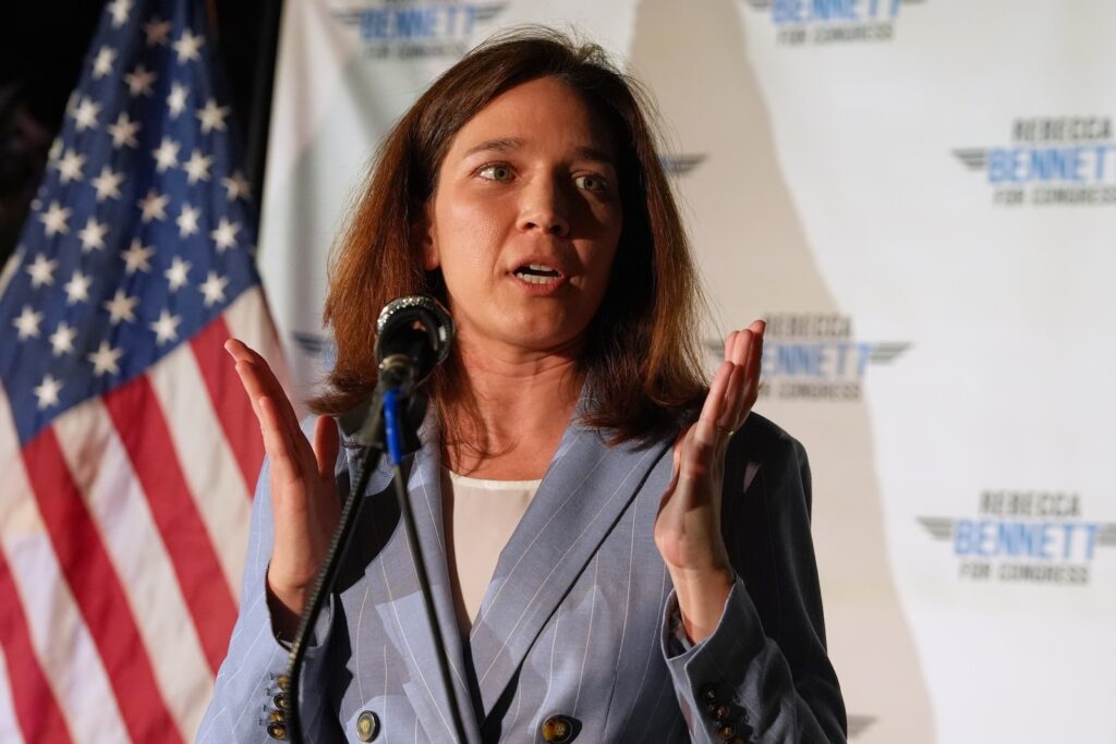 Election 2026 New Jersey Rebecca Bennett, Democratic candidate for New Jersey's 7th Congressional District, speaks during a primary election night watch party after winning the Democratic nomination Tuesday, June 2, 2026, in Bridgewater, N.J