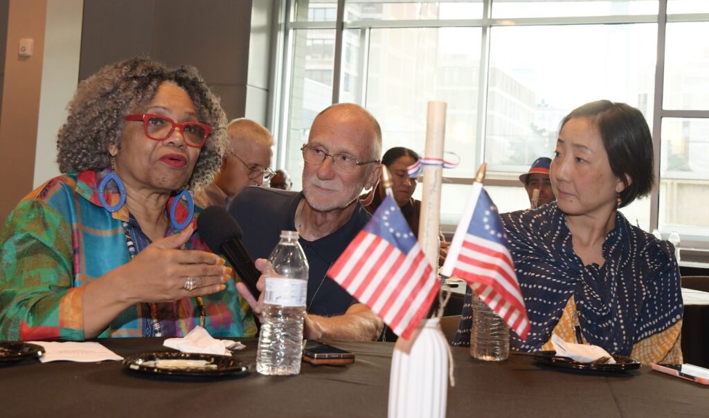 Event attendees engage in Q&A with the panel discussing the pursuit of happiness and the Declaration of Independence at WHYY.