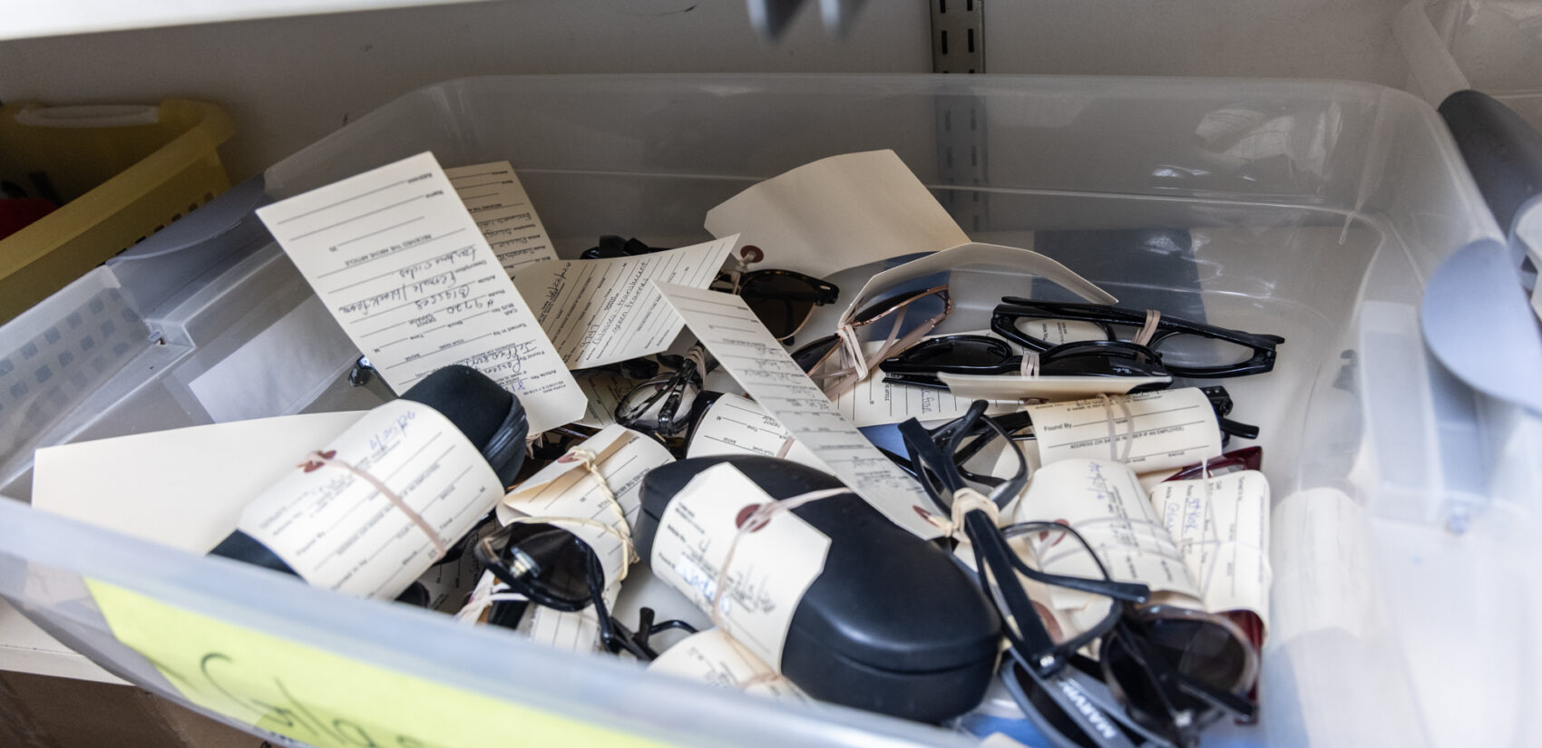 A bin of glasses found on Regional Rail at the lost and found in Suburban Station