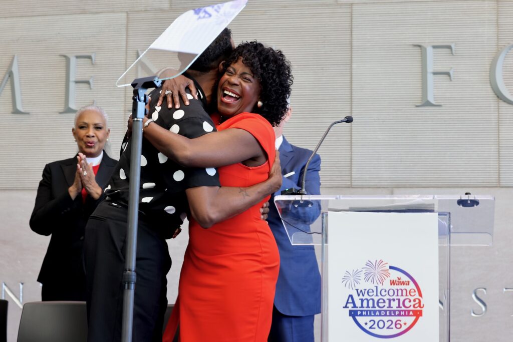 Philadelphia Mayor Cherelle Parker embraces actor and playwright Colman Domingo