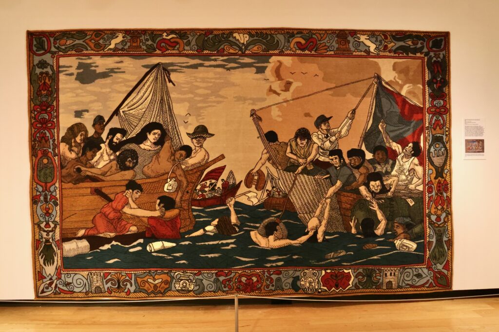 2026 07 09-e lee-doylestown pa michener museum-the crossing exhibit lugo tapestry Roberto Lugo's tapestry, commenting on modern immigration