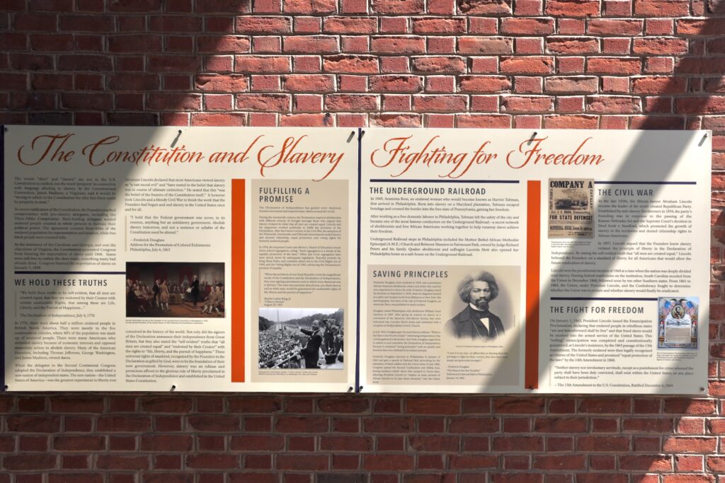 2026 07 15-e lee-philadelphia independence mall-new presidents house exhibit constitution Panels are hung up in the exhibit at the President's House.