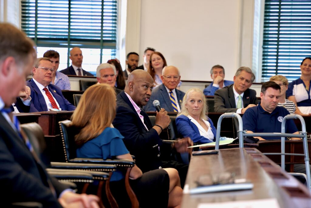 U.S. Rep. Dwight Evans, representing Pennsylvania's 4th Congressional District, was among the legislators celebrating the nation's 250th anniversary with a ceremonial meeting at Congress Hall. (Emma Lee/WHYY)
