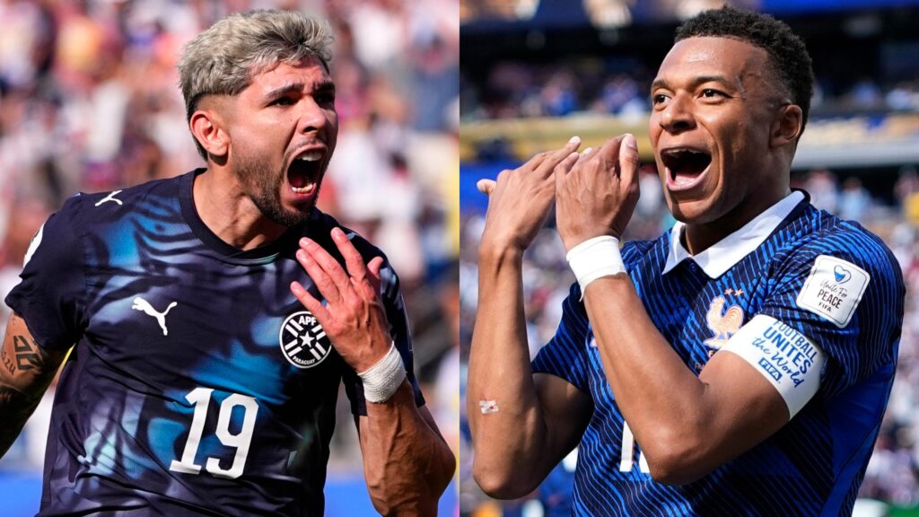 Paraguay's Julio Enciso (left) and France's Kylian Mbappe