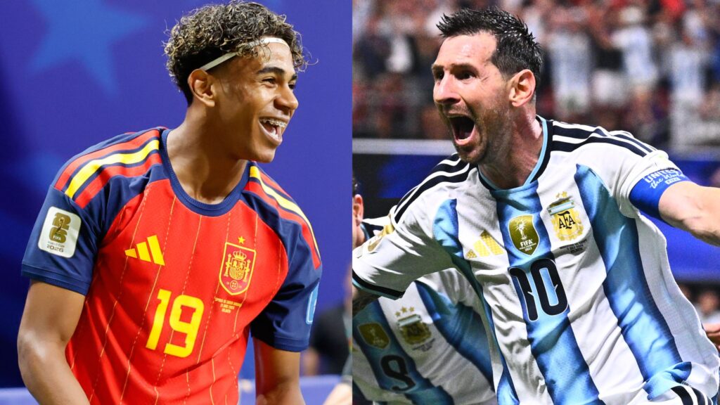 Spain's Lamine Yamal (left) and Argentina's Lionel Messi