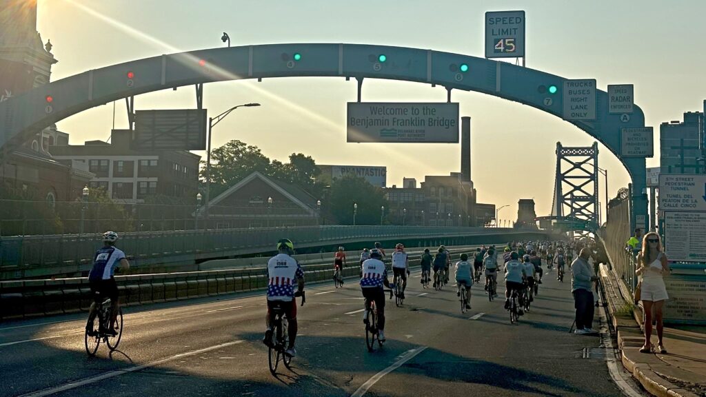 ben-to-the-shore-bike-ride-2026-5 bikers bicycling on Ben Franklin Bridge