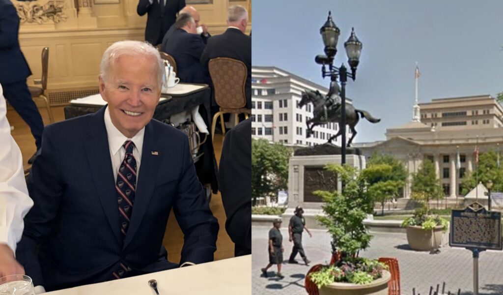 biden-rodney-square-2026-07-16 Joe Biden smiling while sitting at a table, and a photo of the statue in Rodney Square.