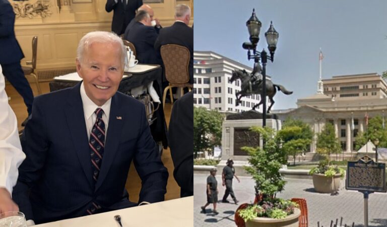 Joe Biden smiling while sitting at a table, and a photo of the statue in Rodney Square.