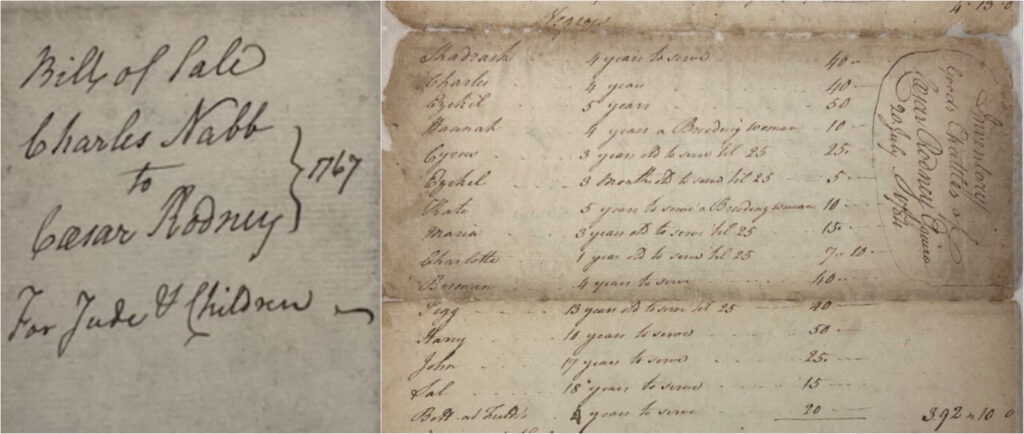 Archival documents showing proof of Rodney's purchase of enslaved people.