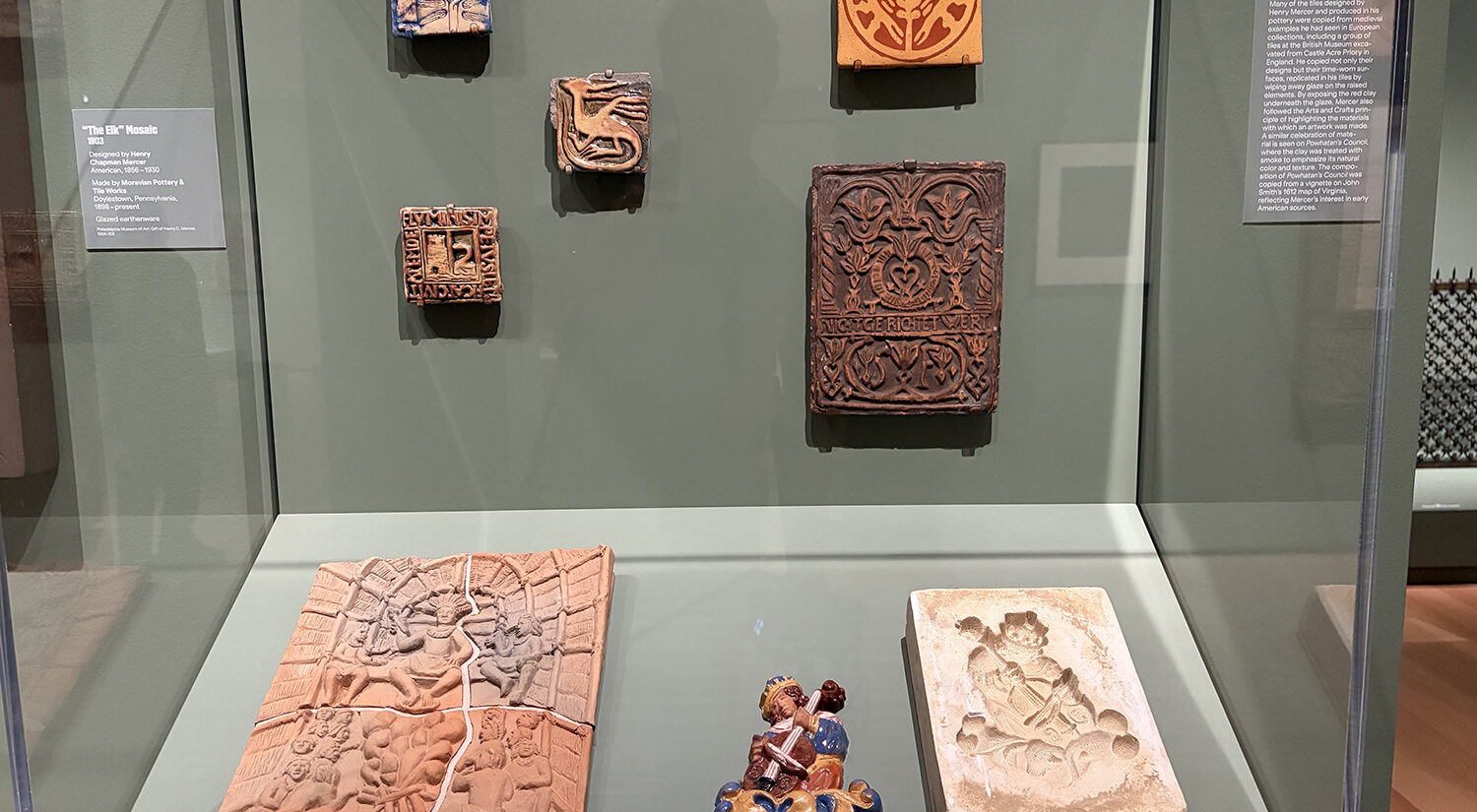 A selection of Moravian tiles made by Henry Mercer are displayed at the Philadelphia Museum of Art