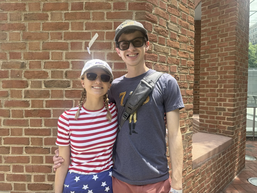 philadelphia-250th-tourists-VCW Erin Schricker and Davis Simmons pose for a photo in Philadelphia