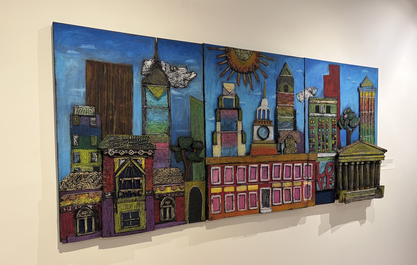 A 3D wall hanging of Philadelphia's iconic buildings, ''Philadelphia Freedom,'' made by a class of eighth graders at St. Helena-Incarnation School, in the ''Fresh Perspectives'' exhibition at the Pennsylvania Academy of the Fine Arts.
