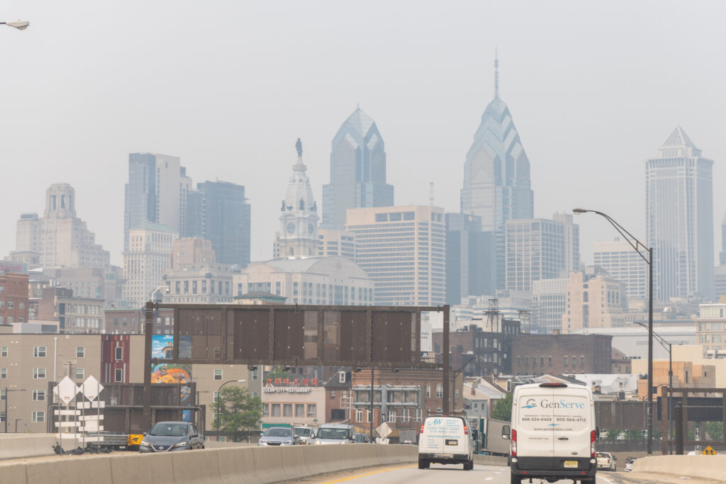 Smoke from wildfires in the Canadian province of Ontario left a haze over Philadelphia’s skyline