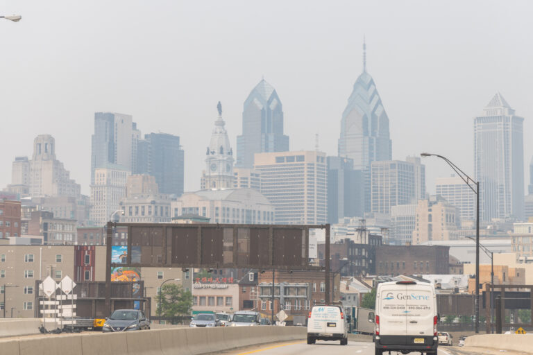 Smoke from wildfires in the Canadian province of Ontario left a haze over Philadelphia’s skyline