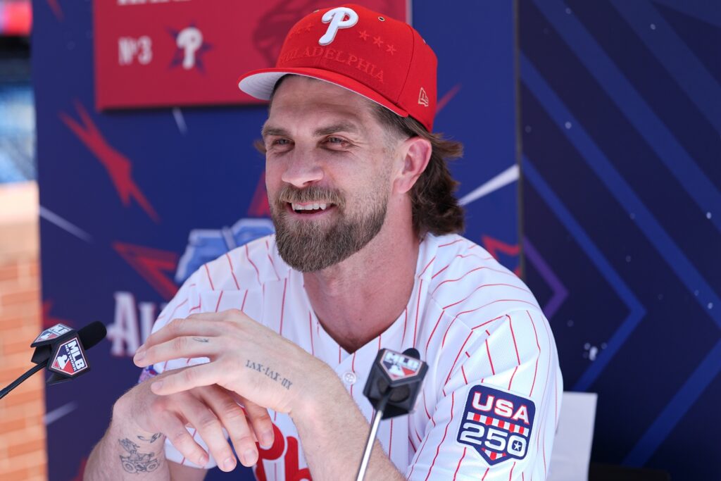 Bryce Harper speaking into a microphone during All-Star week