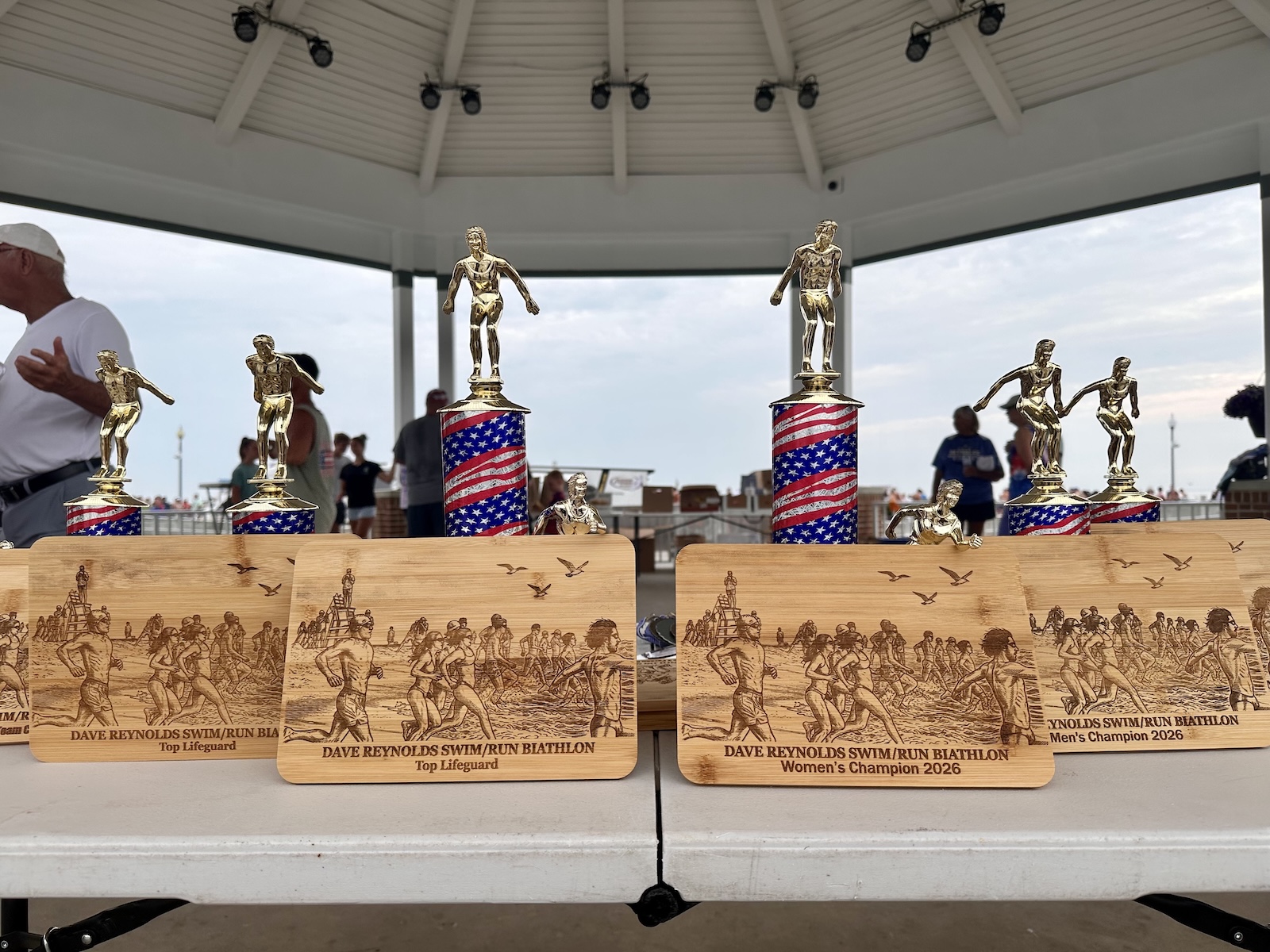 Trophies are seen at the Dave Reynolds Memorial Biathlon in Rehoboth, Delaware