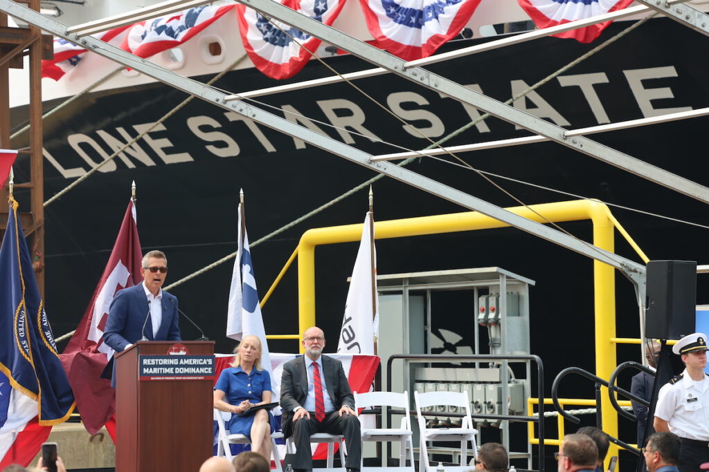 shipyard-duffy02-71726 U.S. Secretary of Transportation Sean Duffy speaks at the Hanwha Philly Shipyard in front of the newly built The Lone Star State