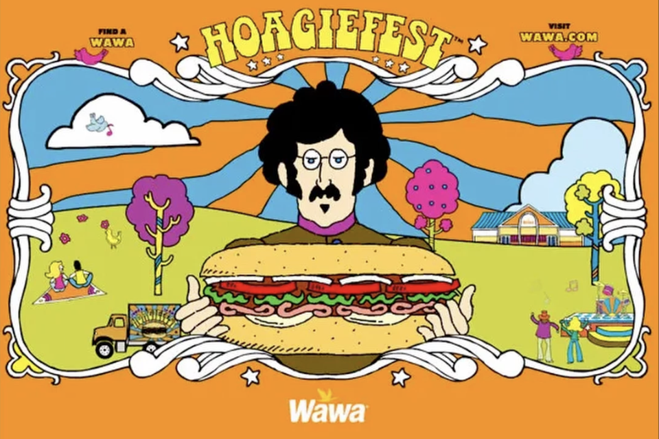 wawa-bp-2026-07-16 A colorful poster for Wawa Hoagiefest depicting '60s style cartoon of a man holding a huge hoagie.