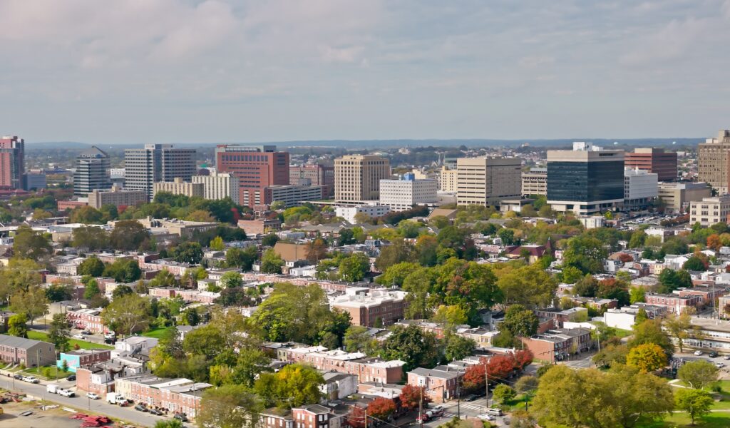 Aerial Cityscape of Wilmington, DE Aerial shot of downtown Wilmington in New Castle County, Delaware on an overcast day in Fall.