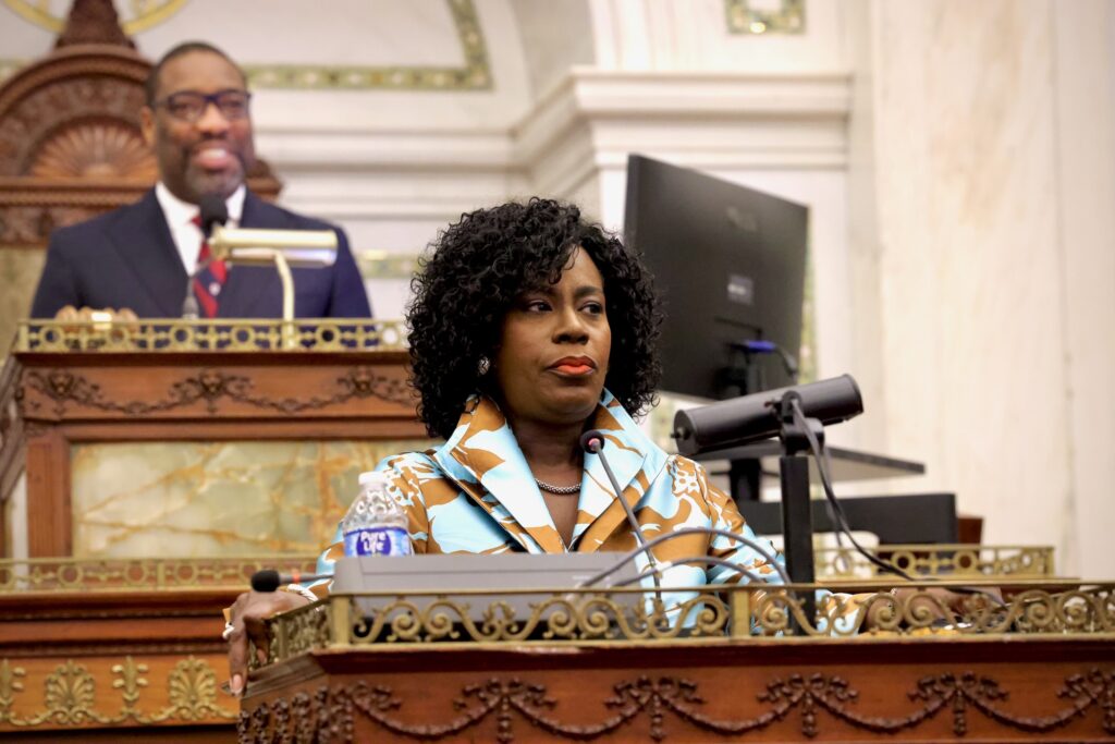 2026 03 12-e lee-cherelle parker-philadelphia city hall council chambers-budget address Cherelle Parker looks on