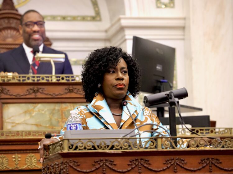 Cherelle Parker looks on