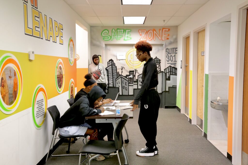 2026 07 29-e lee-trenton nj mercer county restorative justice hub-street team Junior Street Team members gather in a hallway at the Mercer County Restorative Justice Hub