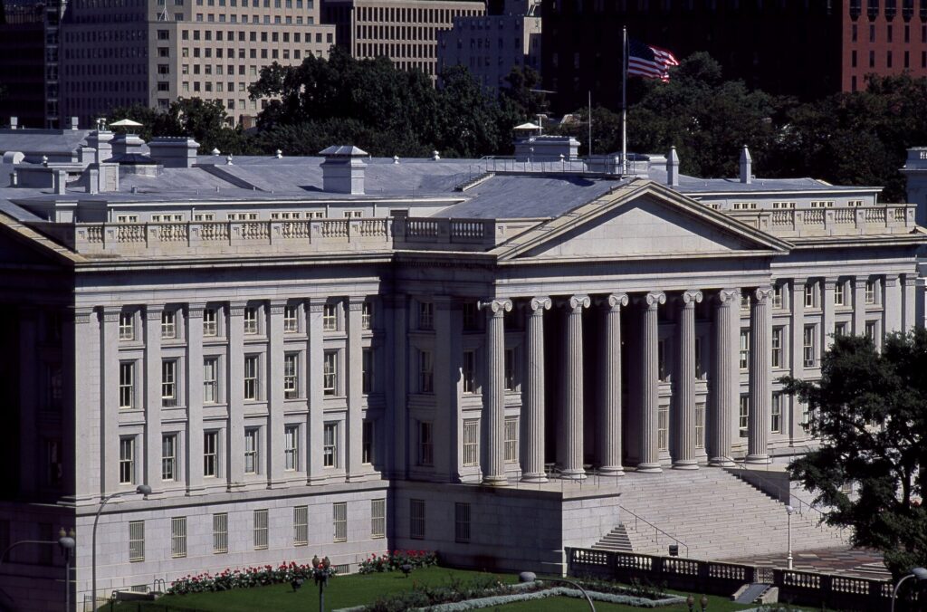 An aerial view of the U.S. Treasury Building.