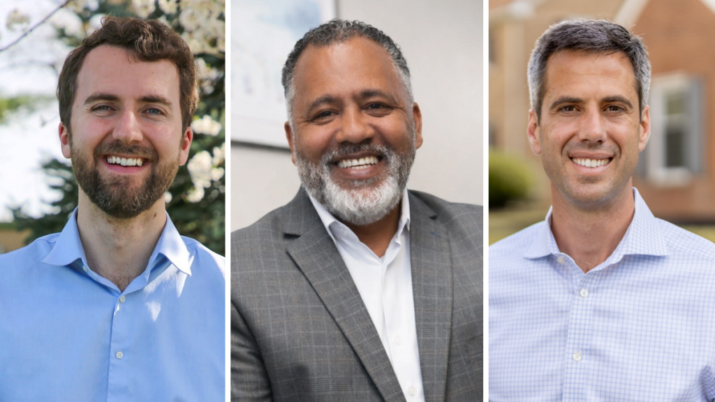 delaware-primary-election-treasurer-michael-smith-mike-miller-ted-lauzen-082426 From left to right: Democrats Michael Smith, Mike Miller and Ted Lauzen are seen in side-by-side-by-side heatshots