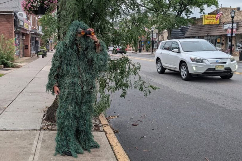 dunellen-police-department-shrub-undercover A Dunellen Police Department officer dressed as a shrub holding binoculars