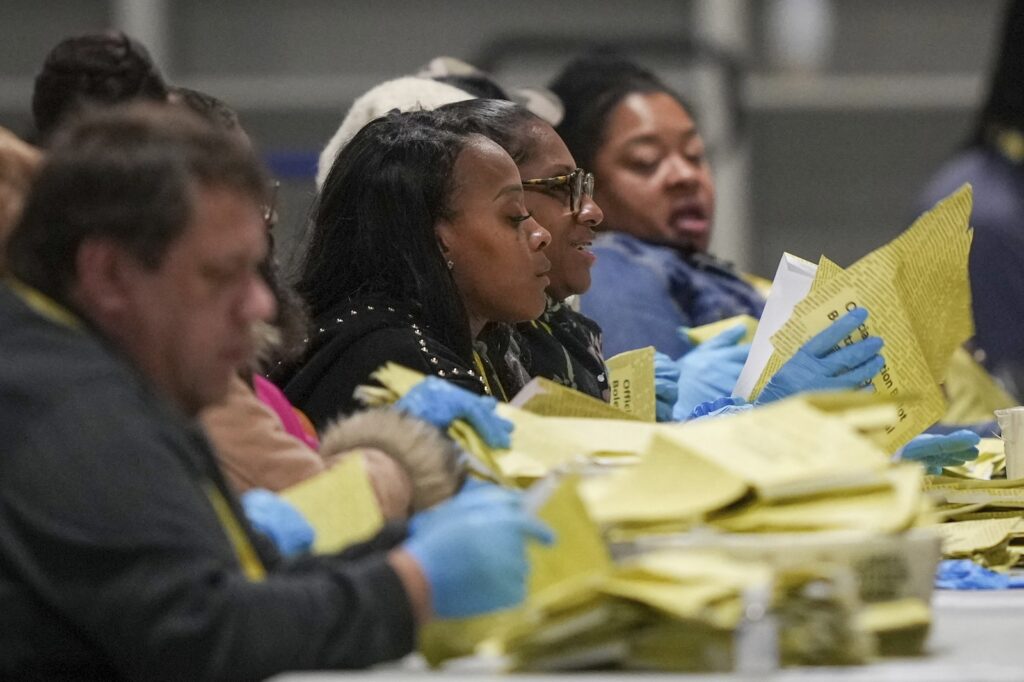Election 2024 America Votes Pennsylvania Election workers process mail ballots at the Philadelphia Election Warehouse on Tuesday, Nov. 5, 2024.
