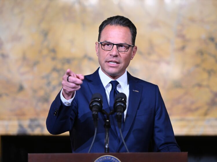 Josh Shapiro is gesturing with his hand as he gives a press conference about data centers on August 18, 2026.