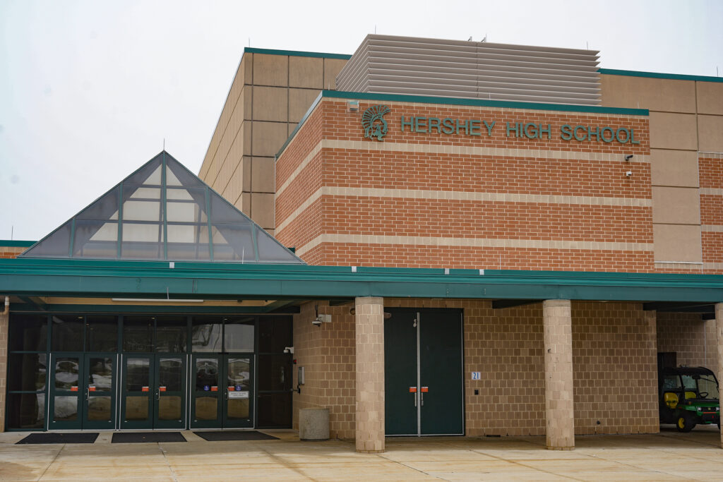 The front entrance of Hershey High School is seen.