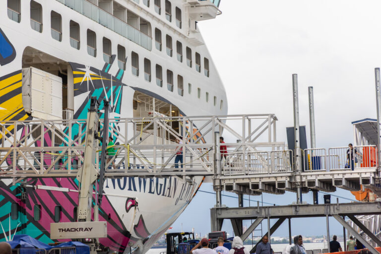 Passengers board the Norwegian Jewel cruise liner in Philadelphia
